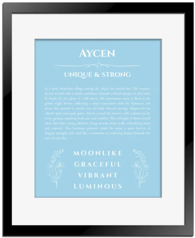 Aycen custom name print for wall display in light blue with black matte frame
