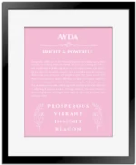 Ayda personalized wall art with the story of your name in light pink with black matte frame