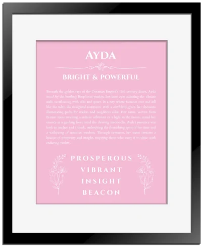 Ayda personalized wall art with the story of your name in light pink with black matte frame