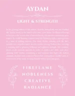 Aydan custom name art showing meaning and origin in light pink