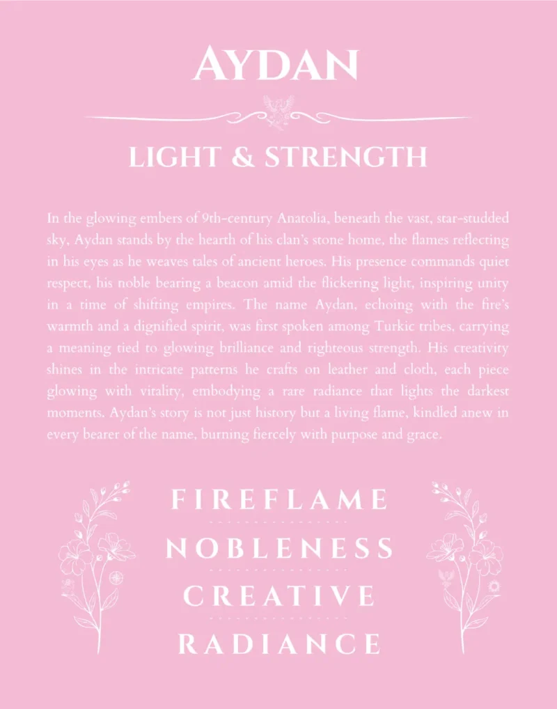 Aydan custom name art showing meaning and origin in light pink
