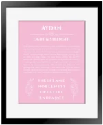 Aydan custom name art showing meaning and origin in light pink with black matte frame