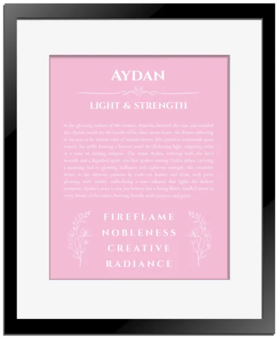 Aydan custom name art showing meaning and origin in light pink with black matte frame