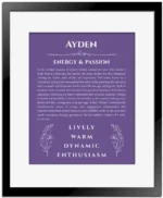 Ayden personalized wall art with the story of your name in purple with black matte frame