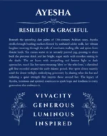 Ayesha name origin print with meaning and traits in deep blue