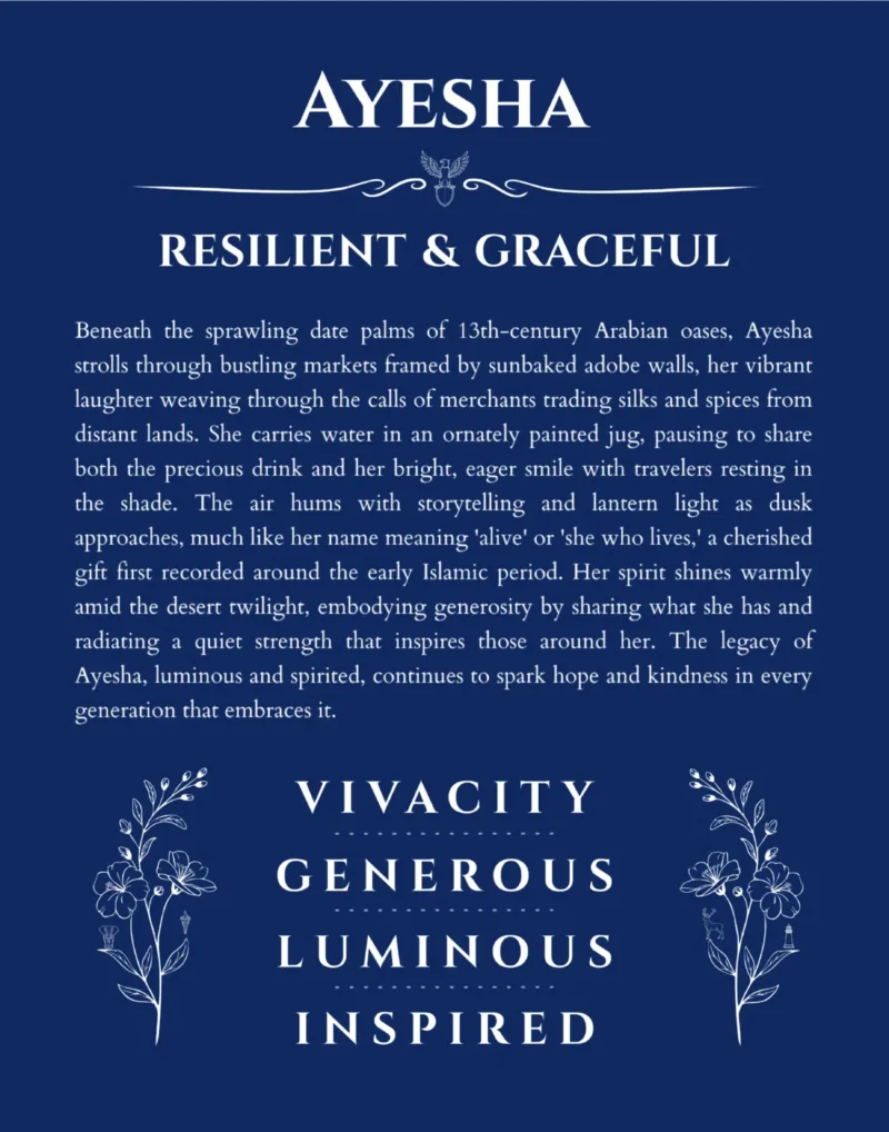 Ayesha name origin print with meaning and traits in deep blue