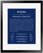 Ayesha name origin print with meaning and traits in deep blue with black matte frame