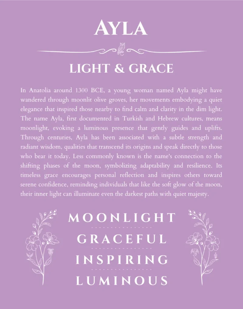 Ayla personalized name art with origin story in light purple