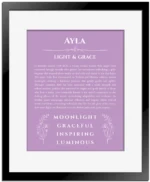 Ayla personalized name art with origin story in light purple with black matte frame
