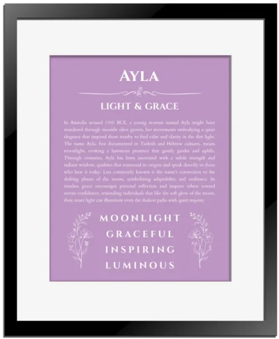 Ayla personalized name art with origin story in light purple with black matte frame