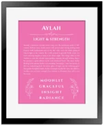 Aylah name meaning wall art by Get Your Story in pink with black matte frame