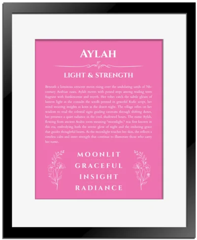 Aylah name meaning wall art by Get Your Story in pink with black matte frame