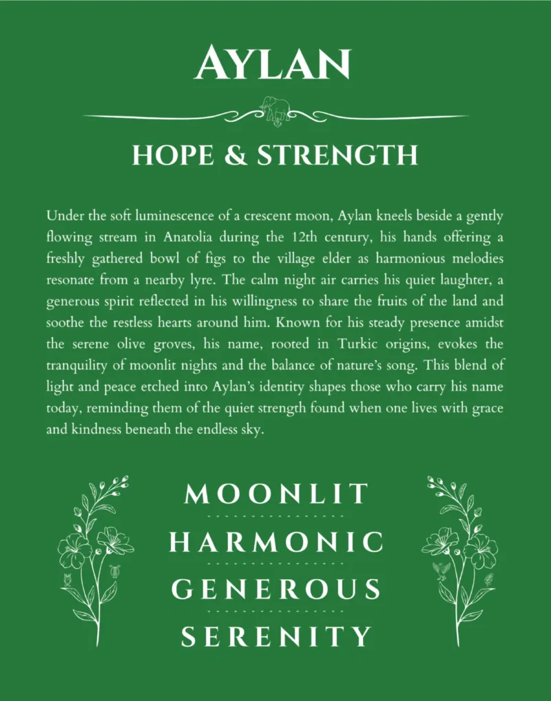 Aylan name origin print with meaning and traits in dark green
