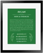 Aylan name origin print with meaning and traits in dark green with black matte frame