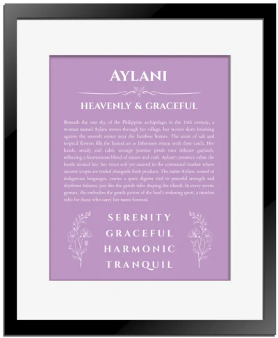 Aylani personalized name art with origin story in light purple with black matte frame