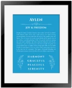 Aylen name meaning wall art by Get Your Story in blue with black matte frame