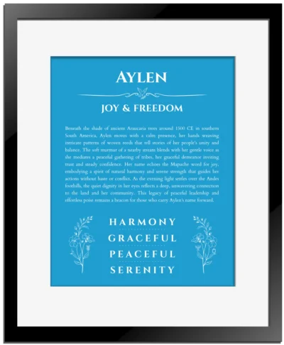 Aylen name meaning wall art by Get Your Story in blue with black matte frame