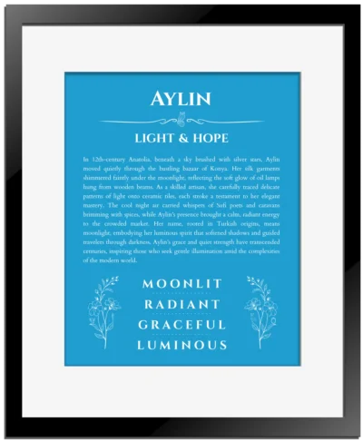 Aylin personalized wall art with the story of your name in blue with black matte frame