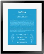 Aysha personalized name art with origin story in blue with black matte frame