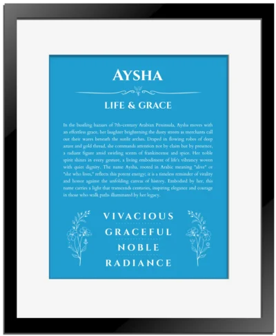 Aysha personalized name art with origin story in blue with black matte frame
