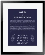 Ayub personalized wall art with the story of your name in navy blue with black matte frame