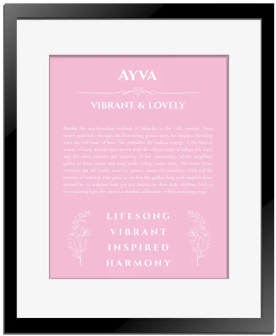 Ayva name meaning wall art by Get Your Story in light pink with black matte frame