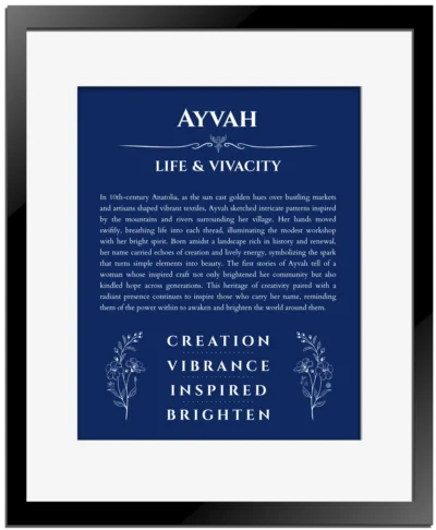 Ayvah name meaning gift print in deep blue with black matte frame