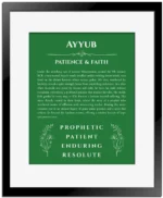 Ayyub personalized name art with origin story in dark green with black matte frame