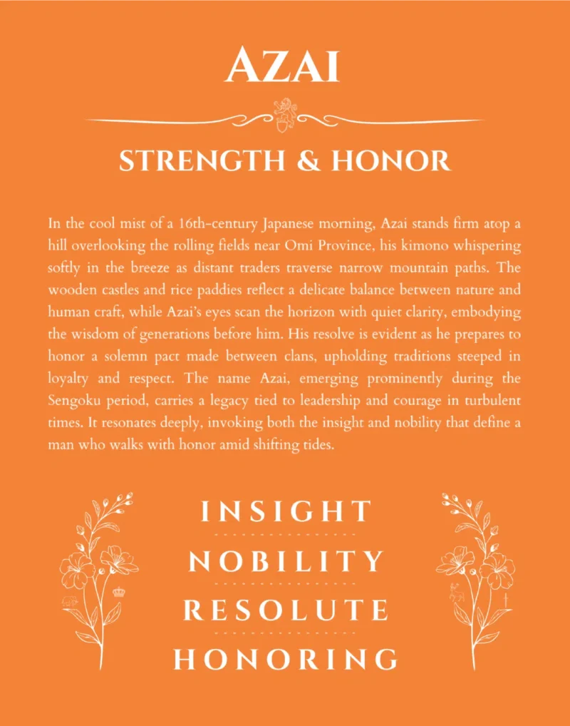 Azai custom name art showing meaning and origin in orange