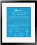 Azaiah name origin print with meaning and traits in blue with black matte frame