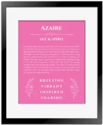Azaire personalized name meaning print in pink with black matte frame