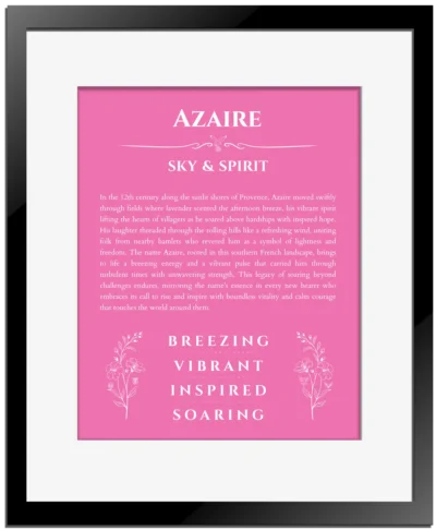 Azaire personalized name meaning print in pink with black matte frame