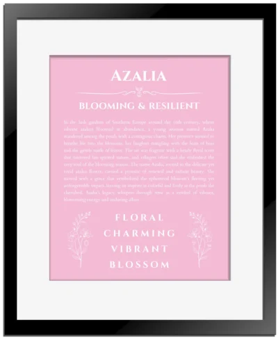 Azalia custom name art showing meaning and origin in light pink with black matte frame