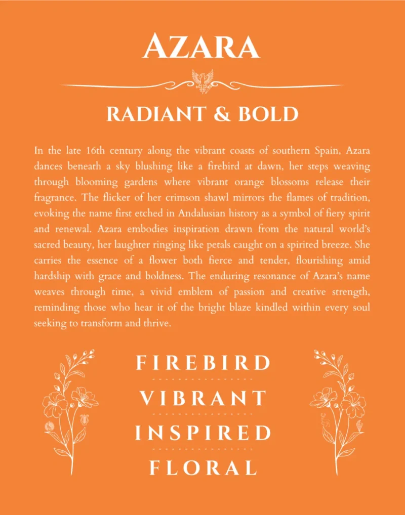 Azara name origin print with meaning and traits in orange