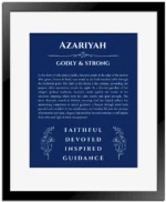 Azariyah personalized name art with origin story in deep blue with black matte frame