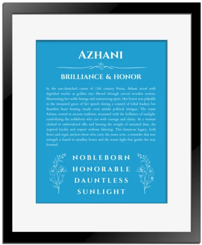 Azhani name meaning gift print in blue with black matte frame