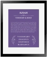 Aziah personalized wall art with the story of your name in purple with black matte frame