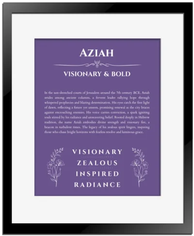 Aziah personalized wall art with the story of your name in purple with black matte frame