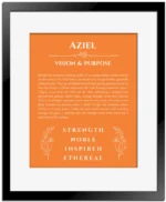 Aziel name origin print with meaning and traits in orange with black matte frame