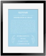 Aziyah name meaning gift print in light blue with black matte frame