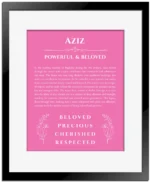 Aziz custom name meaning print in pink with black matte frame