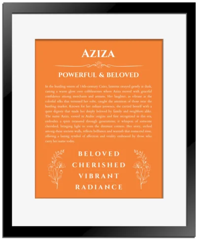 Aziza custom name meaning print in orange with black matte frame