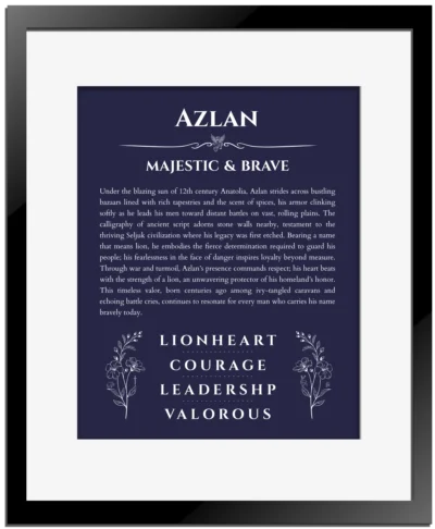Azlan personalized wall art with the story of your name in navy blue with black matte frame