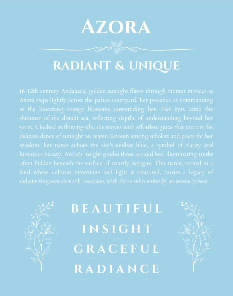 Azora personalized name art with origin story in light blue