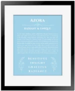 Azora personalized name art with origin story in light blue with black matte frame