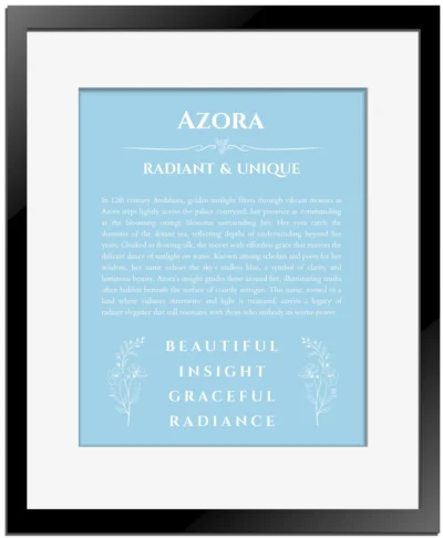 Azora personalized name art with origin story in light blue with black matte frame