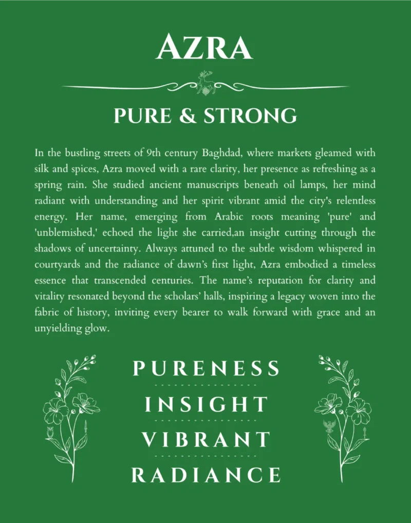 Azra personalized name print with origin and traits in dark green