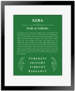 Azra personalized name print with origin and traits in dark green with black matte frame