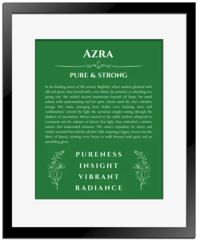 Azra personalized name print with origin and traits in dark green with black matte frame