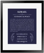 Azrael custom name art showing meaning and origin in navy blue with black matte frame